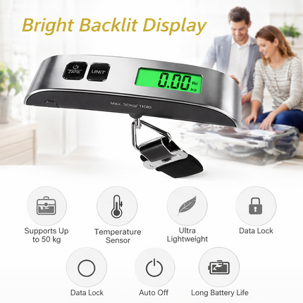 Balance de Voyage Portative 50 kg – Pèse-bagage Numérique avec Écran LCD Rétroéclairé Bleu – Précision 50 g – Conversion d’Unités (kg/lb/°C/°F) – Fonction Tare – Certifiée CE – Modèle DZC-T8