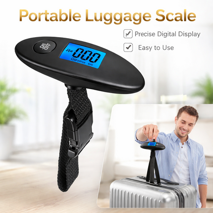 Balance de Voyage Portative 40kg – Pèse-bagage Numérique Haute Précision (Précision 10g) – Écran LCD Rétroéclairé Bleu – Sangle de pesée – Design Compact (60g) – Certifiée CE – Modèle DZC-09