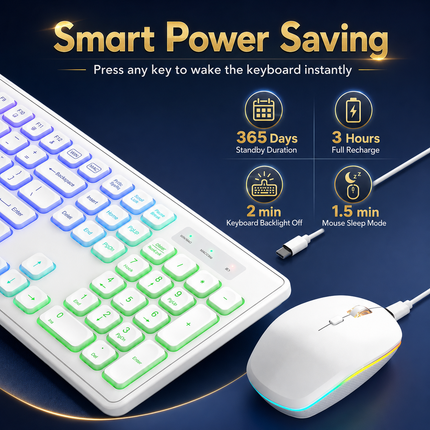 Combo Clavier et Souris Sans Fil RGB Rechargeable – Rétroéclairage Arc-en-Ciel – Touches Rétroéclairées – Ergonomique – 2,4 GHz – Batterie Intégrée – 108 Touches – DPI Réglable (1000/1500/2000) – Compatible Windows, Linux, Chrome, Mac