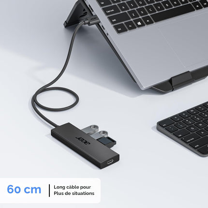 Hub USB 3.0 Acer – Adaptateur Ultra‑Fin à 4 Ports USB‑A – Adaptateur Ultra‑Fin 4 Ports USB 3.0 avec Port USB‑C 5V 3A - Compatible avec Ordinateurs Portables, Bureaux, Souris, Claviers – Transfert 5 Gbit/s – Plug-and‑Play – Windows, Linux, Acer, Chromebook