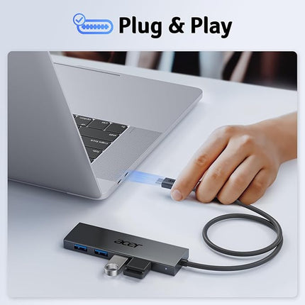 Hub USB 3.0 Acer – Adaptateur Ultra‑Fin à 4 Ports USB‑A – Adaptateur Ultra‑Fin 4 Ports USB 3.0 avec Port USB‑C 5V 3A - Compatible avec Ordinateurs Portables, Bureaux, Souris, Claviers – Transfert 5 Gbit/s – Plug-and‑Play – Windows, Linux, Acer, Chromebook