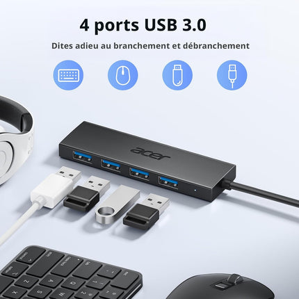 Hub USB 3.0 Acer – Adaptateur Ultra‑Fin à 4 Ports USB‑A – Adaptateur Ultra‑Fin 4 Ports USB 3.0 avec Port USB‑C 5V 3A - Compatible avec Ordinateurs Portables, Bureaux, Souris, Claviers – Transfert 5 Gbit/s – Plug-and‑Play – Windows, Linux, Acer, Chromebook