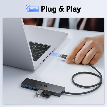 Hub USB 3.0 Acer – Adaptateur Ultra‑Fin à 4 Ports USB‑A – Adaptateur Ultra‑Fin 4 Ports USB 3.0 avec Port USB‑C 5V 3A - Compatible avec Ordinateurs Portables, Bureaux, Souris, Claviers – Transfert 5 Gbit/s – Plug-and‑Play – Windows, Linux, Acer, Chromebook