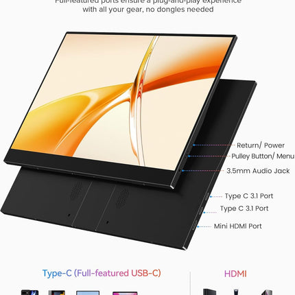 Moniteur Portable 15,6" FHD 1080p à support – 125% sRGB – 2000:1 – 350 nits – HDR – Écran Externe USB-C / Mini HDMI – Support Métal Réglable 360° – Compatible VESA – Second Écran pour PC, Smartphone, Console de Jeux