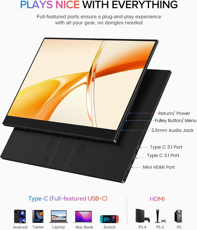 Moniteur Portable 15,6" FHD 1080p à support – 125% sRGB – 2000:1 – 350 nits – HDR – Écran Externe USB-C / Mini HDMI – Support Métal Réglable 360° – Compatible VESA – Second Écran pour PC, Smartphone, Console de Jeux