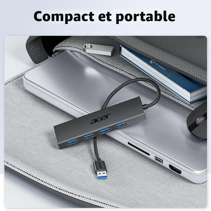 Hub USB 3.0 Acer – Adaptateur Ultra‑Fin à 4 Ports USB‑A – Adaptateur Ultra‑Fin 4 Ports USB 3.0 avec Port USB‑C 5V 3A - Compatible avec Ordinateurs Portables, Bureaux, Souris, Claviers – Transfert 5 Gbit/s – Plug-and‑Play – Windows, Linux, Acer, Chromebook