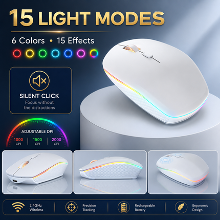 Combo Clavier et Souris Sans Fil RGB Rechargeable – Rétroéclairage Arc-en-Ciel – Touches Rétroéclairées – Ergonomique – 2,4 GHz – Batterie Intégrée – 108 Touches – DPI Réglable (1000/1500/2000) – Compatible Windows, Linux, Chrome, Mac