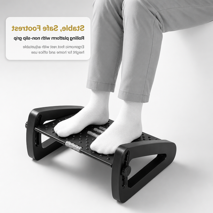 Repose-Pieds Ergonomique sous le Bureau – Avec Rouleaux de Massage – Repose-Jambes pour Soulager la Douleur – Hauteur Réglable – Design Moderne – Idéal pour le Travail à Domicile ou au Bureau – Plastique Durable – Assemblage Simple