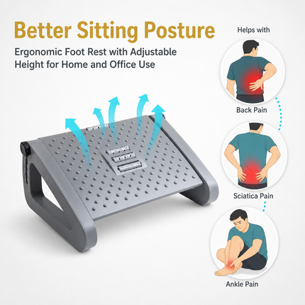 Appui-Pied Ergonomique Réglable pour Bureau – Repose-Pieds Portable Confortable – Hauteur Ajustable – Soulagement des Tensions – Idéal pour Télétravail, Bureau, Étude – Design Minimaliste Moderne – Plastique Durable