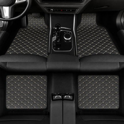 Tapis de Sol Automobile Universel – Lot 4 Pièces – Antidérapant, Imperméable, Tous Temps – Anti-Rayures, Anti-Boue – Doublure de Chargement – Cuir PU – Noir/Noir, Noir/Rouge, Noir/Doré