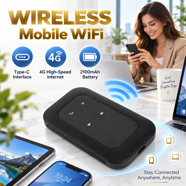Routeur Mobile 4G/5G WiFi – Point d'Accès Portable LTE CAT4 300 Mbps – Emplacement Carte SIM – Batterie 2100 mAh Plus de 10 Heures d'Autonomie – Connexion jusqu'à 10 Appareils – USB‑C Plug and Play – Bande B1/B3/B5/B40 – Extérieure Voyage Affaire Maison