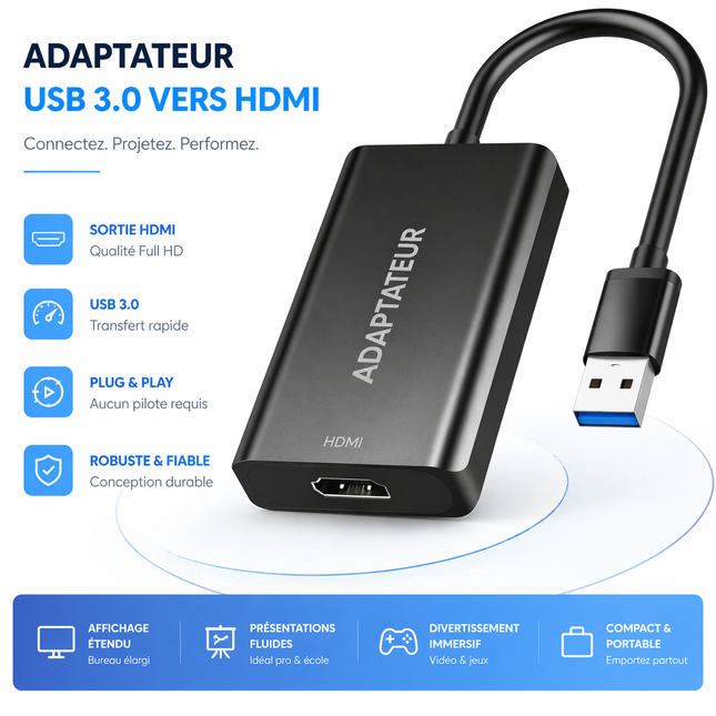 Adaptateur USB 3.0 vers HDMI – Double Écran Instantané – Câble Ultra-Mince en Aluminium – 1080p à 60Hz – Compatible Windows 11/10/8.1/7/Vista/XP et Mac – Connexion PC vers TV / Projecteur / Moniteur – Modèle ABLEWE B0FX2KXXCZ