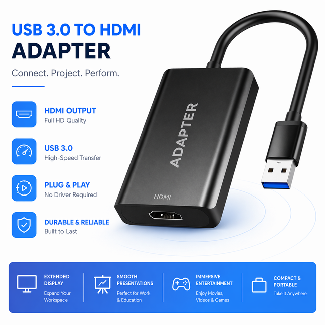 Adaptateur USB 3.0 vers HDMI – Double Écran Instantané – Câble Ultra-Mince en Aluminium – 1080p à 60Hz – Compatible Windows 11/10/8.1/7/Vista/XP et Mac – Connexion PC vers TV / Projecteur / Moniteur – Modèle ABLEWE B0FX2KXXCZ