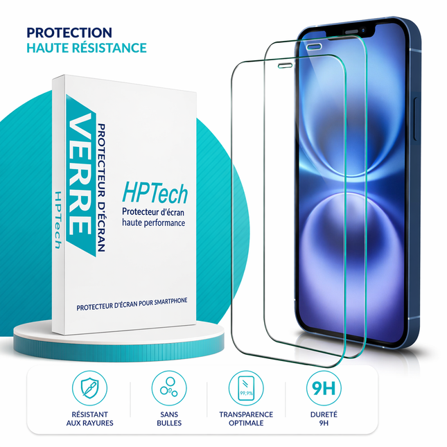 Lot de 2 Protecteurs d'Écran en Verre Trempé HPTech pour iPhone 12 Mini 5,4 pouces – Dureté 9H – Ultra-Mince 0,33 mm – Anti-Empreintes, Anti-Éclats, Anti-Rayures – Installation Facile Sans Bulles – Compatible avec Coques