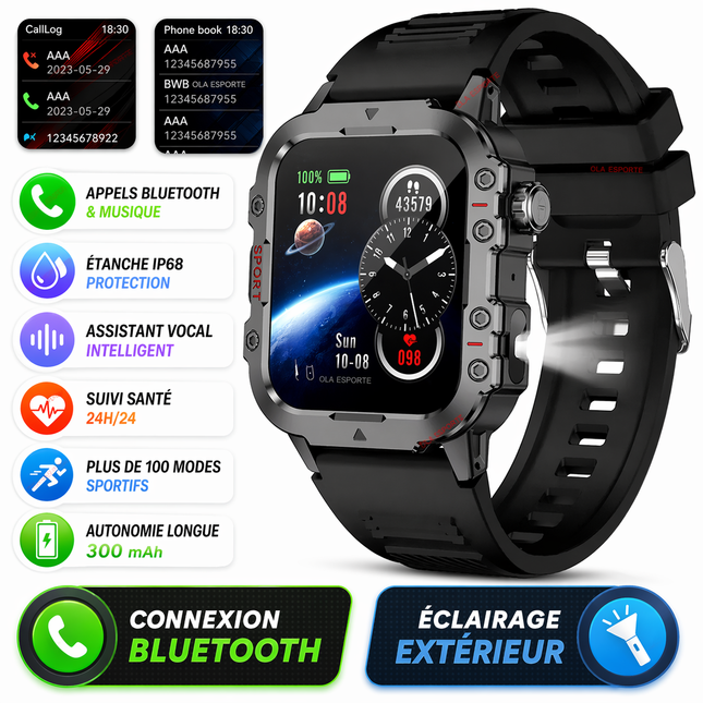 Montre Connectée Militaire Homme 2026 – IP67 3ATM – GPS – Bluetooth 5.0 – Capteur Fréquence Cardiaque, Tension Artérielle, SpO2 – Écran HD 1,44/2,01 pouces – Autonomie 5-10 jours – Certifiée CE/FCC/RoHS