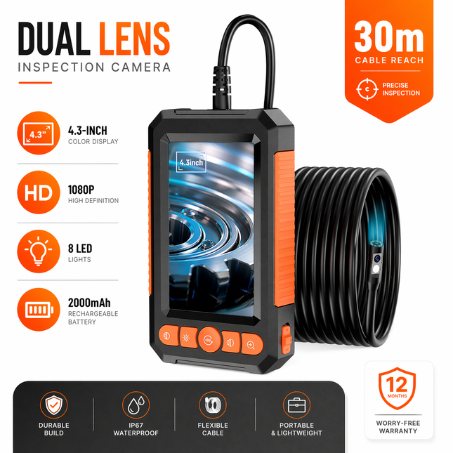 Endoscope Industriel 1M/5M/10M/20M/30M – Caméra d’Inspection 4,3″ – Double ou Simple Objectif – HD 1080p – IP67 Étanche – Borescope pour Contrôle Automobile, Plomberie, Canalisations – Batterie 2000 mAh