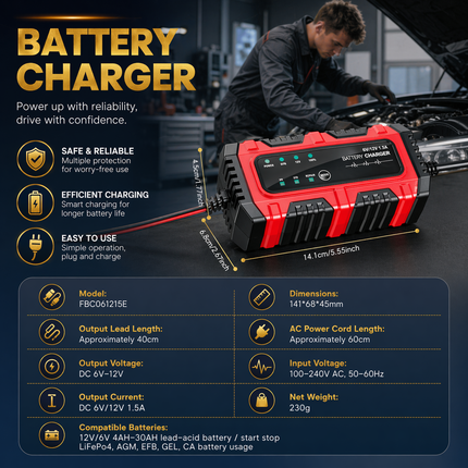 Chargeur de Batterie 6V/12V 1,5A – Mainteneur Automatique pour Moto, Voiture, Bateau – Tender Intelligent avec Protection Surchauffe et Court-Circuit – Technologie de Régénération par Impulsions – Tension Entrée 100-240V