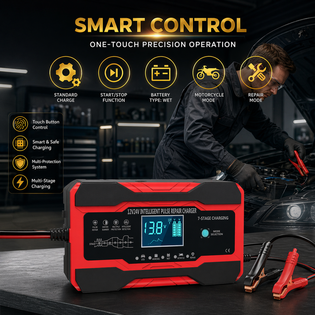 Chargeur de Batterie Intelligent 10A 12V/24V – Automatique avec Maintien, Désulfateur et Compensation de Température – Écran LCD Rétroéclairé – Modes Hiver/Été – Certifié UL, CE, FCC – Pour Voiture, Camion, Moto, Bateau