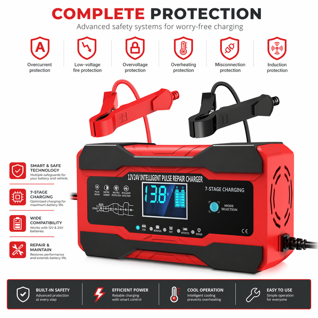 Chargeur de Batterie Intelligent 10A 12V/24V – Automatique avec Maintien, Désulfateur et Compensation de Température – Écran LCD Rétroéclairé – Modes Hiver/Été – Certifié UL, CE, FCC – Pour Voiture, Camion, Moto, Bateau