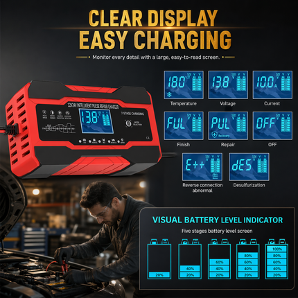 Chargeur de Batterie Intelligent 10A 12V/24V – Automatique avec Maintien, Désulfateur et Compensation de Température – Écran LCD Rétroéclairé – Modes Hiver/Été – Certifié UL, CE, FCC – Pour Voiture, Camion, Moto, Bateau
