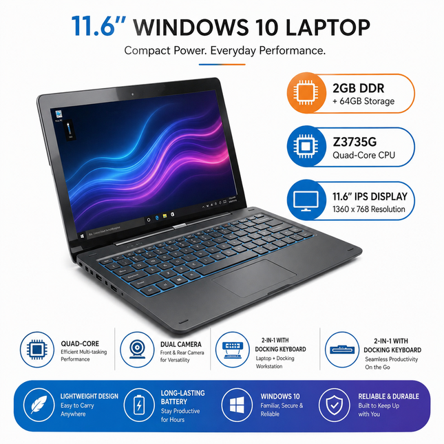 Tablette PC Windows 10 11,6″ – 2 Go DDR + 64 Go ROM – Processeur Intel Atom Z3735G Quad Core – Écran IPS 1366×768 Tactile 10 Points – 2 en 1 avec Clavier Docking – Batterie 9000 mAh – Modèle G12