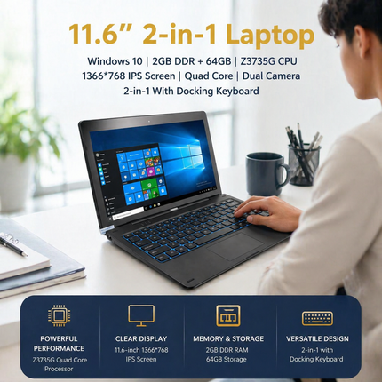 Tablette PC Windows 10 11,6″ – 2 Go DDR + 64 Go ROM – Processeur Intel Atom Z3735G Quad Core – Écran IPS 1366×768 Tactile 10 Points – 2 en 1 avec Clavier Docking – Batterie 9000 mAh – Modèle G12
