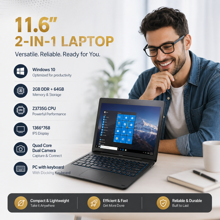 Tablette PC Windows 10 11,6″ – 2 Go DDR + 64 Go ROM – Processeur Intel Atom Z3735G Quad Core – Écran IPS 1366×768 Tactile 10 Points – 2 en 1 avec Clavier Docking – Batterie 9000 mAh – Modèle G12