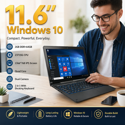 Tablette PC Windows 10 11,6″ – 2 Go DDR + 64 Go ROM – Processeur Intel Atom Z3735G Quad Core – Écran IPS 1366×768 Tactile 10 Points – 2 en 1 avec Clavier Docking – Batterie 9000 mAh – Modèle G12