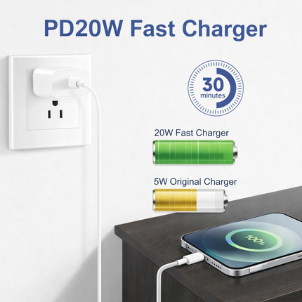 Chargeur Secteur 20W PD + Câble USB-C vers Lightning 3m (10ft) - Charge Rapide pour iPhone 14 13 12 11 Pro Max XR iPad AirPods