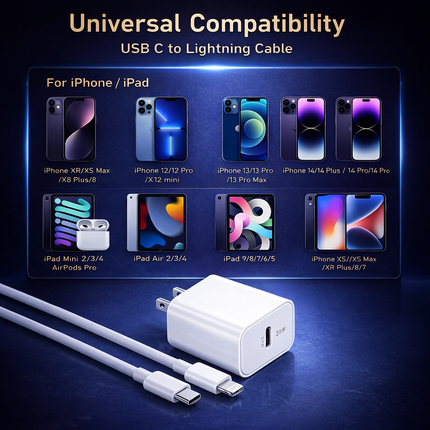 Chargeur Secteur 20W PD + Câble USB-C vers Lightning 3m (10ft) - Charge Rapide pour iPhone 14 13 12 11 Pro Max XR iPad AirPods