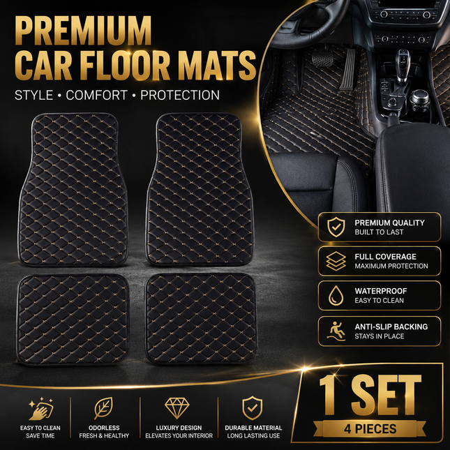 Tapis de Sol Automobile en Cuir PU – Lot 4 Pièces (2 Avant + 2 Arrière) – Universel Étanche – Antidérapant, Anti-Poussière, Ignifugé – Tous Temps – Accessoires Intérieurs Haut de Gamme – Noir avec Lignes (Bleu/Doré/Rouge/Noir)