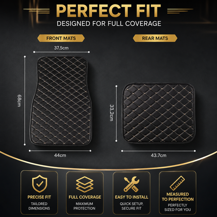 Tapis de Sol Automobile en Cuir PU – Lot 4 Pièces (2 Avant + 2 Arrière) – Universel Étanche – Antidérapant, Anti-Poussière, Ignifugé – Tous Temps – Accessoires Intérieurs Haut de Gamme – Noir avec Lignes (Bleu/Doré/Rouge/Noir)