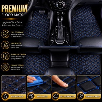Tapis de Sol Automobile en Cuir PU – Lot 4 Pièces (2 Avant + 2 Arrière) – Universel Étanche – Antidérapant, Anti-Poussière, Ignifugé – Tous Temps – Accessoires Intérieurs Haut de Gamme – Noir avec Lignes (Bleu/Doré/Rouge/Noir)