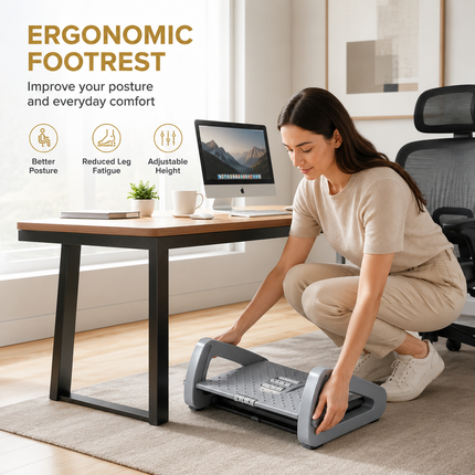 Repose-Pieds Ergonomique sous le Bureau – Avec Rouleaux de Massage – Repose-Jambes pour Soulager la Douleur – Hauteur Réglable – Design Moderne – Idéal pour le Travail à Domicile ou au Bureau – Plastique Durable – Assemblage Simple