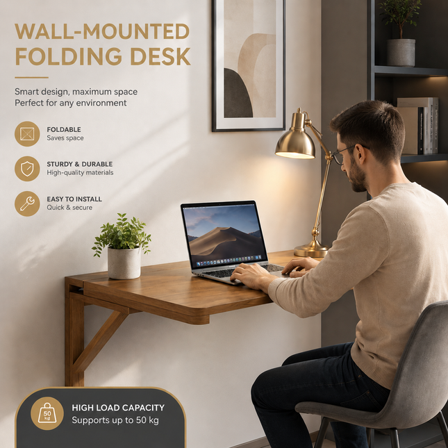 Table Pliante Murale en Bois de Noyer – 61×41 cm ou 81×61 cm – Design Minimaliste – Charge Maximale 136 kg – Bois de Pin Naturel Écologique – Mécanisme à Dégagement Simple – Pour Cuisine, Bureau, Buanderie, Bar, Salon