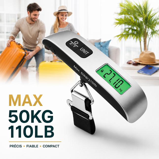 Balance de Voyage Portative 50 kg – Pèse-bagage Numérique avec Écran LCD Rétroéclairé Bleu – Précision 50 g – Conversion d’Unités (kg/lb/°C/°F) – Fonction Tare – Certifiée CE – Modèle DZC-T8