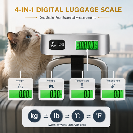 Balance de Voyage Portative 50 kg – Pèse-bagage Numérique avec Écran LCD Rétroéclairé Bleu – Précision 50 g – Conversion d’Unités (kg/lb/°C/°F) – Fonction Tare – Certifiée CE – Modèle DZC-T8