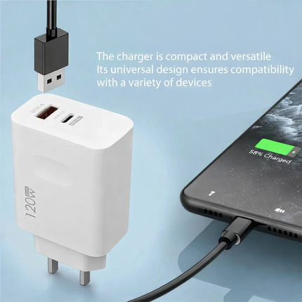 Chargeur Mural Rapide 120W 2 en 1 – Double Port USB-A et USB-C PD – Bloc d’Alimentation Universel pour iPhone, Samsung, Xiaomi, Redmi – Prise US