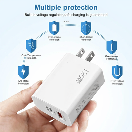 Chargeur Mural Rapide 120W 2 en 1 – Double Port USB-A et USB-C PD – Bloc d’Alimentation Universel pour iPhone, Samsung, Xiaomi, Redmi – Prise US