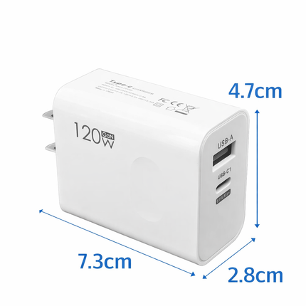 Chargeur Mural Rapide 120W 2 en 1 – Double Port USB-A et USB-C PD – Bloc d’Alimentation Universel pour iPhone, Samsung, Xiaomi, Redmi – Prise US