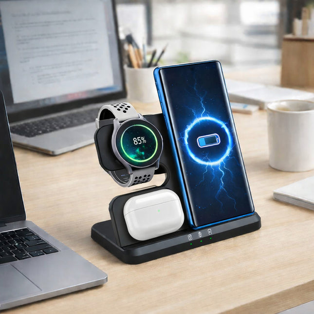 Station de Charge Sans Fil 3-en-1 Pliable 15W – Chargeur Qi Compatible Samsung Galaxy Z Fold / Z Flip / Galaxy S/ Galaxy Note, iPhone, AirPods, Google Pixel , Huawei FreeBuds, Liberty Air, Galaxy Watch, Galaxy Buds – Support Incliné avec Témoin LED