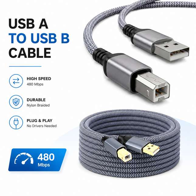 Câble d’Imprimante USB 2.0 Haute Vitesse – USB Type A vers Type B – Longueurs 6Ft à 100Ft (2M à 30M) – Tressé Nylon, Connecteurs Dorés, Blindage Supérieur – Compatible PC, Mac, Chromebook, Imprimante, Scanner, Clavier MIDI, Amplificateur – Gris