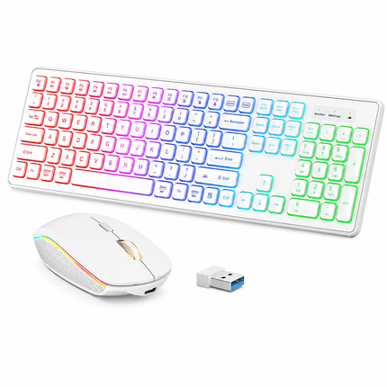 Combo Clavier et Souris Sans Fil RGB Rechargeable – Rétroéclairage Arc-en-Ciel – Touches Rétroéclairées – Ergonomique – 2,4 GHz – Batterie Intégrée – 108 Touches – DPI Réglable (1000/1500/2000) – Compatible Windows, Linux, Chrome, Mac
