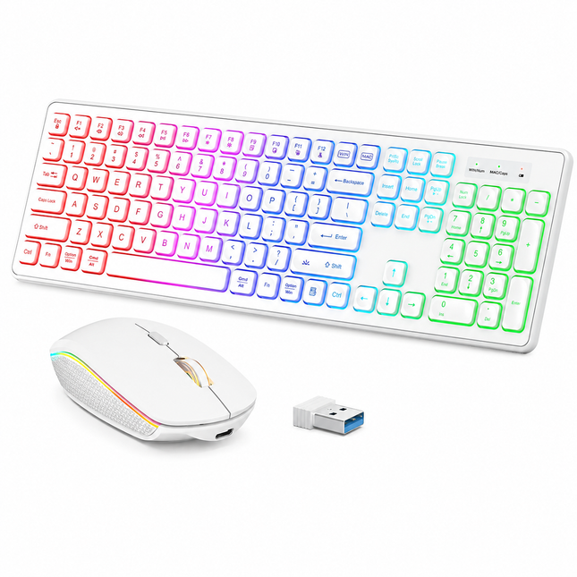 Combo Clavier et Souris Sans Fil RGB Rechargeable – Rétroéclairage Arc-en-Ciel – Touches Rétroéclairées – Ergonomique – 2,4 GHz – Batterie Intégrée – 108 Touches – DPI Réglable (1000/1500/2000) – Compatible Windows, Linux, Chrome, Mac