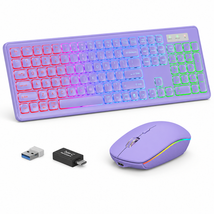 Combo Clavier et Souris Sans Fil RGB Rechargeable – Rétroéclairage Arc-en-Ciel – Touches Rétroéclairées – Ergonomique – 2,4 GHz – Batterie Intégrée – 108 Touches – DPI Réglable (1000/1500/2000) – Compatible Windows, Linux, Chrome, Mac