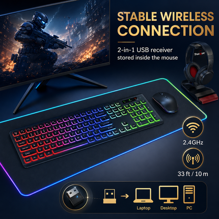Combo Clavier et Souris Sans Fil RGB Rechargeable – Rétroéclairage Arc-en-Ciel – Touches Rétroéclairées – Ergonomique – 2,4 GHz – Batterie Intégrée – 108 Touches – DPI Réglable (1000/1500/2000) – Compatible Windows, Linux, Chrome, Mac