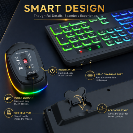 Combo Clavier et Souris Sans Fil RGB Rechargeable – Rétroéclairage Arc-en-Ciel – Touches Rétroéclairées – Ergonomique – 2,4 GHz – Batterie Intégrée – 108 Touches – DPI Réglable (1000/1500/2000) – Compatible Windows, Linux, Chrome, Mac