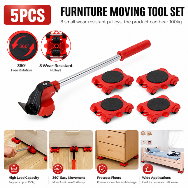 Lot de 5 Pièces Roulettes Déplace-Meubles Lourdes – Dispositif à Galets pour Transport Facile – Support de Charge 300 kg (4 pièces) – Patin Amortisseur 360° – Pour Armoires, Canapés, Réfrigérateurs, Machines à Laver