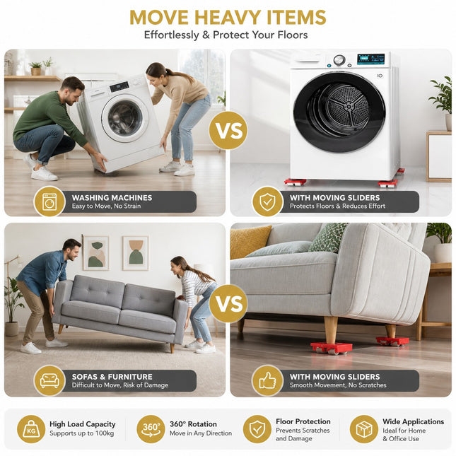 Lot de 5 Pièces Roulettes Déplace-Meubles Lourdes – Dispositif à Galets pour Transport Facile – Support de Charge 300 kg (4 pièces) – Patin Amortisseur 360° – Pour Armoires, Canapés, Réfrigérateurs, Machines à Laver