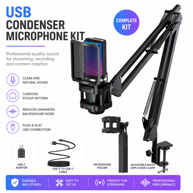 Microphone USB à Condensateur avec Bras Articulé – RGB Recording – Tripod Inclus – Pour Gaming, Podcasting, Streaming, YouTube – Compatible PC, Mac, PS4/PS5, Type-C – Certification CE/FCC/RoHS
